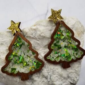 Glitter Sparkle Wooden Christmas Tree Earrings
